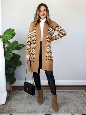 LOFT Brown Black Aztec Print Geometric Open-Front Cardigan, Women’s Size Medium